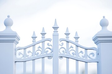 Poster - A close-up shot of a white gate against a clear blue sky, ideal for use in travel or architecture photoshoots