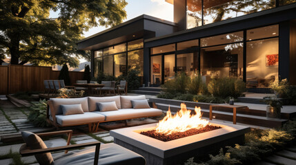 Poster - Modern backyard with cozy fire pit, stylish seating, and lush greenery. Perfect for relaxation and gatherings