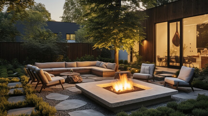 Poster - modern backyard with cozy fire pit, comfortable seating, and lush greenery creates warm and inviting atmosphere for gatherings