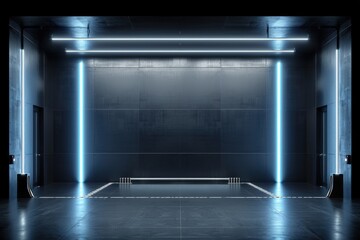 Poster - Futuristic cold storage warehouse with blue neon lights creating advanced industrial environment. High-tech facility integrating automated temperature-controlled inventory tracking for optimal.