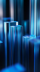 Aufkleber - Close-up shot of shimmering glass blocks arranged in a vertical formation, glowing with blue light and reflections, showcasing modern design and futuristic aesthetics.