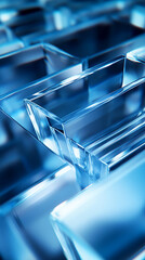 Aufkleber - Close-up view of transparent blue glass blocks stacked with reflections and light, showcasing abstract, futuristic shapes and a modern, high-tech design concept.