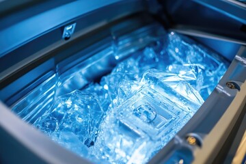 Poster - A close-up view of a freezer filled with ice, perfect for use in scenes where cold storage or frozen food is relevant