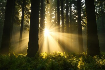 Wall Mural - sunbeams in a lush forest