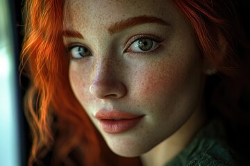 Poster - Close-up shot of a woman's face with visible freckles, great for beauty or portrait photography