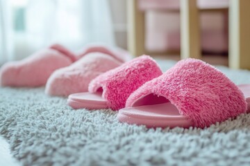 Aufkleber - A pair of pink slippers sits on top of a white rug, perfect for a cozy home setting or a fashion shoot