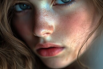 Poster - A close-up shot of a woman's face with noticeable freckles, perfect for beauty and lifestyle themes