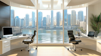 Aufkleber - Modern office with city view and ergonomic chairs