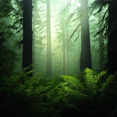 Wall Mural - lush green forest scene with ferns and misty light.