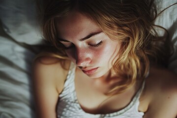 Poster - A person lying on a bed with their eyes closed, a common scene of rest and relaxation