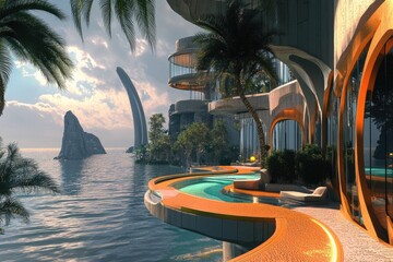 Poster - A view of the ocean from a hotel pool, perfect for relaxation and recreation