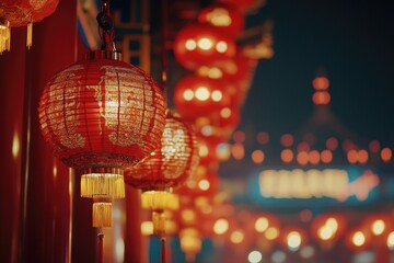 Aufkleber - Row of red lanterns hanging from the side of a building, ideal for decoration or architecture scenes