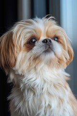 Poster - Close-up shot of a dog gazing upwards, suitable for use in pet-related or emotional context