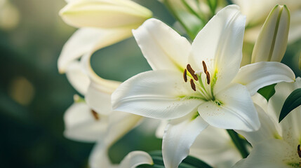 Aufkleber - Close-up of blooming white lilies with soft petals and green leaves, symbolizing purity, peace, and beauty in a serene natural environment with a bokeh background.