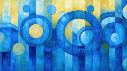 Wall Mural - Captivating blue circles on vibrant yellow, a modern abstract painting for contemporary decor