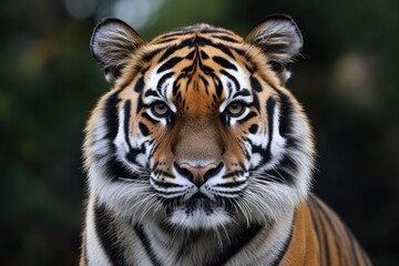 Sticker - A close-up shot of a tiger's face with trees in the background, suitable for wildlife or nature-themed designs