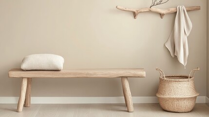 Poster - A serene interior space showcases a natural wood bench, a handwoven basket, and a simple wall-mounted branch with a blanket, promoting calm sophistication