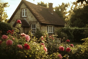 Aufkleber - A single-storey house surrounded by a beautiful lush green garden, perfect for a peaceful retreat or family home