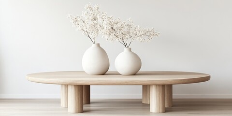 Poster - A wooden coffee table sits centrally in a minimalistic room, adorned with two white vases holding delicate flowers, enhancing the serene ambiance