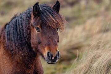 Poster - A close-up photo of a horse grazing in a lush green field, perfect for use in equine-related contexts or as a symbol of freedom