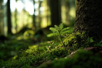 Poster - Small plant grows from mossy ground, great for nature and earth-themed images