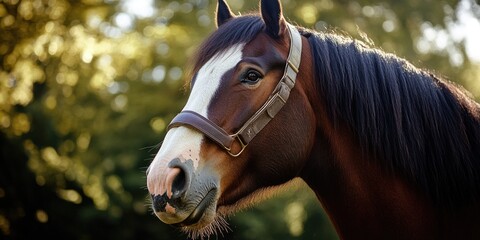 Canvas Print - A close-up shot of a horse's face with trees visible in the background