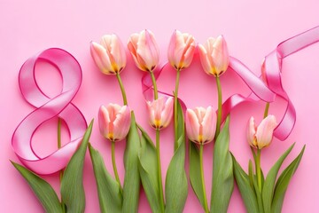 Poster - A bouquet of pink tulips tied with a pink ribbon, perfect for floral arrangements or gift giving