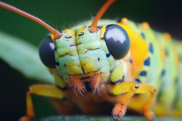 Poster - Close-up shot of a grasshopper's face, featuring its distinctive features and colors