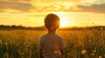 Wall Mural - child in golden field at sunset