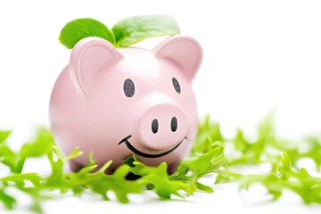 Aufkleber - A pink piggy bank sits atop a pile of green leaves, perfect for saving money or as a decorative item