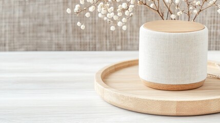 Poster - A serene interior design showcases a minimalist arrangement with a soft fabric vase holding small dried flowers. The simple wooden tray adds a touch of warmth