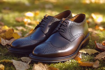 Poster - A pair of shoes sitting on top of a lush green field