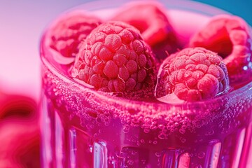 Poster - Fresh raspberries submerged in a glass of water, placed on a table