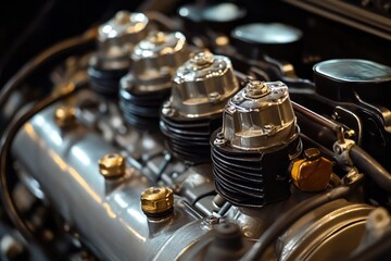 Poster - A detailed shot of a motorcycle engine's internal mechanisms, ideal for automotive or technology-related contexts
