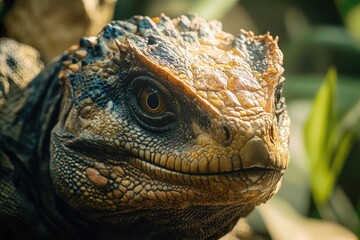 Poster - Close-up shot of a lizard's face surrounded by leaves