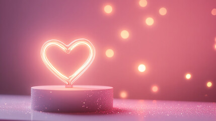 Poster - Glowing neon heart symbol on a white pedestal with sparkling effects, set against a soft pink background, representing love, romance, and Valentine's Day, perfect for celebrations.