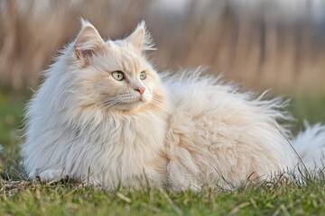 Poster - A domestic cat relaxes on a green lawn, with soft fur and curious eyes