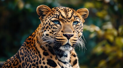 Sticker - A close-up view of a leopard's face, with trees and foliage in the background