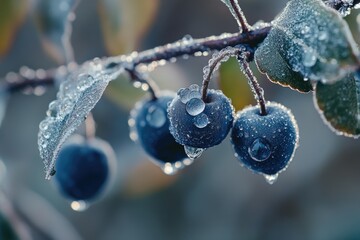 Poster - Fresh blue berries growing on a tree branch, ripe for picking