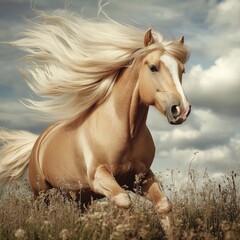 Poster - A horse gallops freely in a lush, green meadow