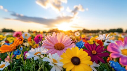 Wall Mural - Soft sunrise over a vibrant field of blooming flowers highlighting nature's beauty in the early morning light