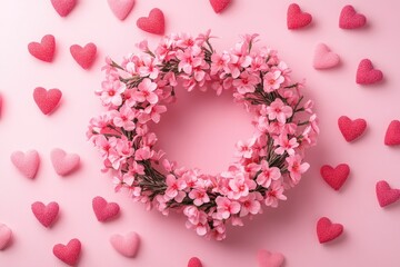 Poster - Wreath made of pink flowers and hearts on a pink background