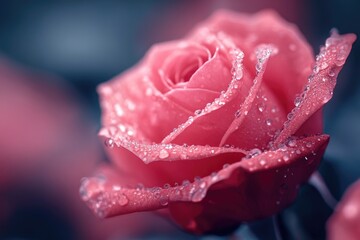 Poster - A close-up shot of a pink rose with water droplets on its petals