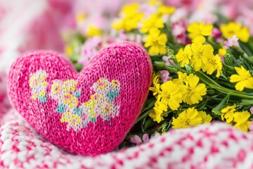 Poster - A knitted heart surrounded by bright yellow flowers, perfect for Valentine's Day or any romantic occasion