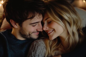 Poster - A man and a woman share a warm moment, smiling at each other