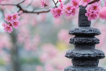 Poster - A close-up shot of a stone tower with pink flowers growing in the background