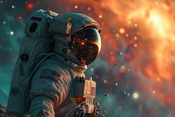 close-up profile view astronaut in space uniform on blurred bokeh background of bright universe with