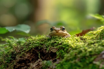 Poster - A frog sits on a moss-covered tree branch, surrounded by greenery