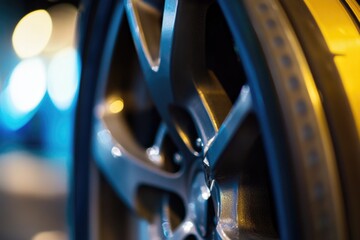 Poster - A close-up view of a tire on a street, perfect for use in images about transportation or urban environments