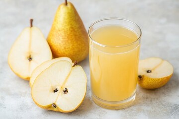 Poster - Fresh orange juice with pears on the table